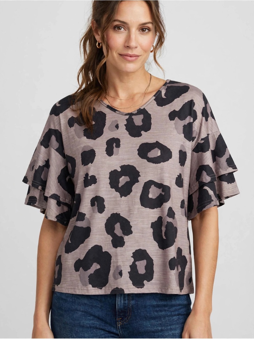 SHEIN Taupe Top with Black Leopard Print and Ruffle Sleeves